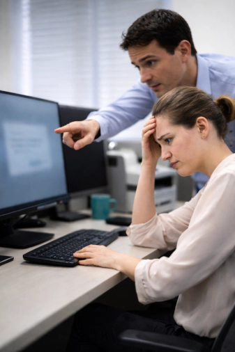 A man pointing at a computer screen while a worried woman holds her head, both looking concerned at a desk in an office.